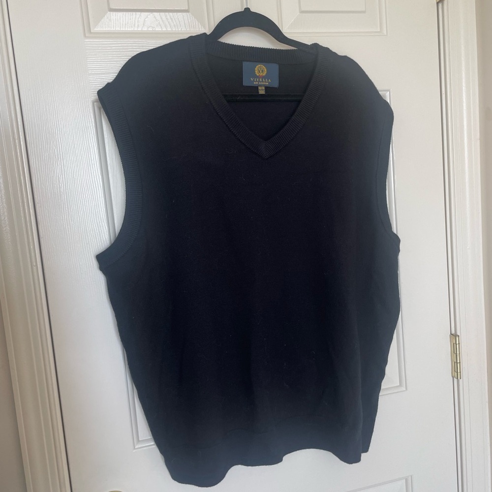 Viyella 100% Merino Wool Sweater Vest Black Classic Knit V-Neck Pullover XXL